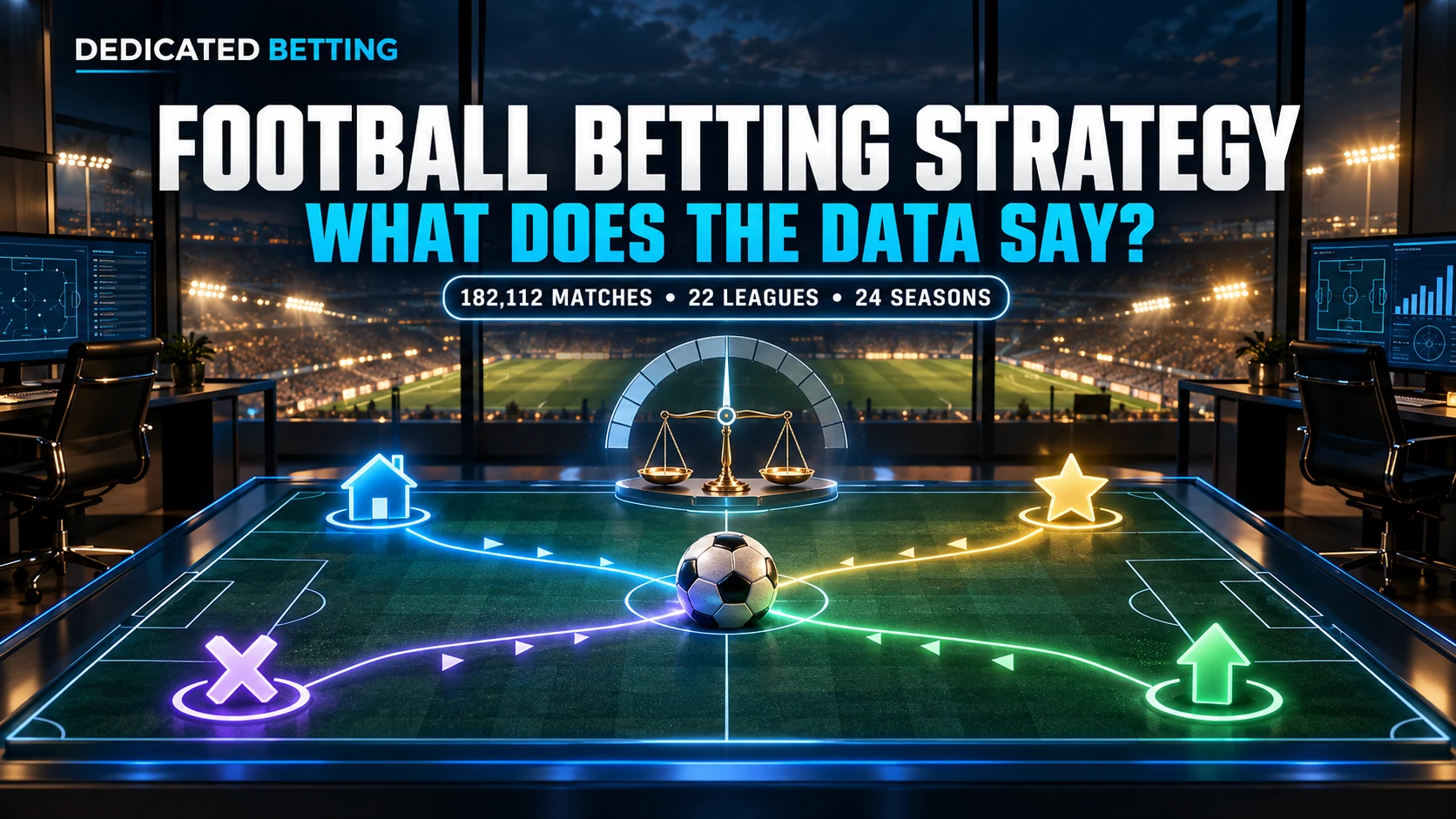 Four football betting strategy routes converging on a football and balanced scales in a data analysis room