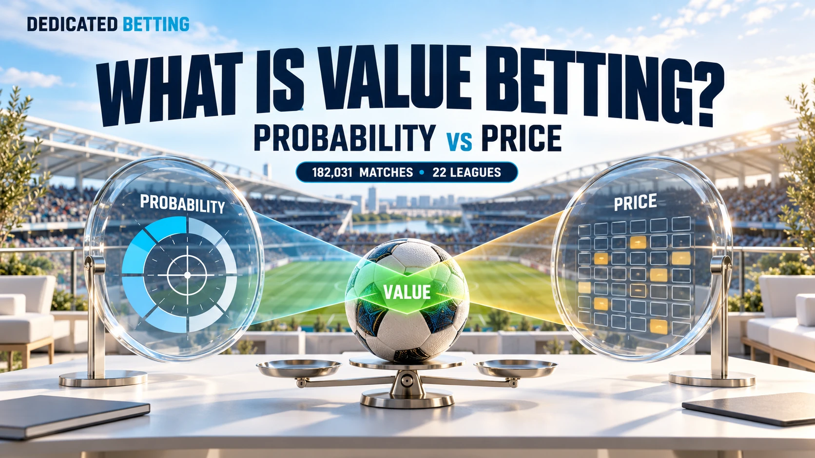 Probability and price analysis lenses overlapping around a football to reveal a potential value area