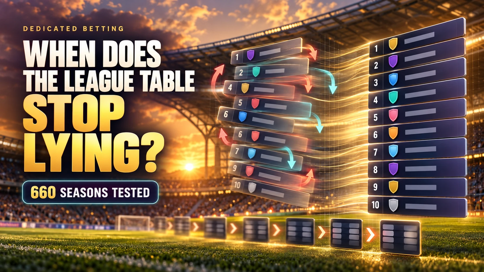 Unstable football league-table rows transforming into an ordered final table