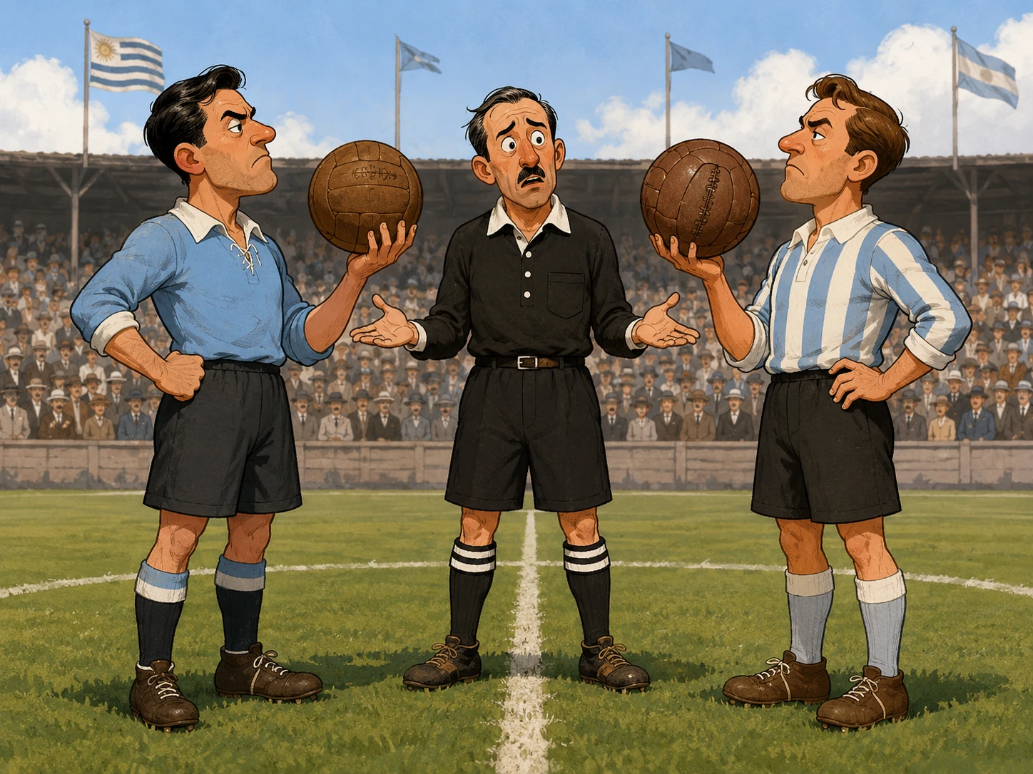 The Jules Rimet Trophy and a leather football from the 1930 era