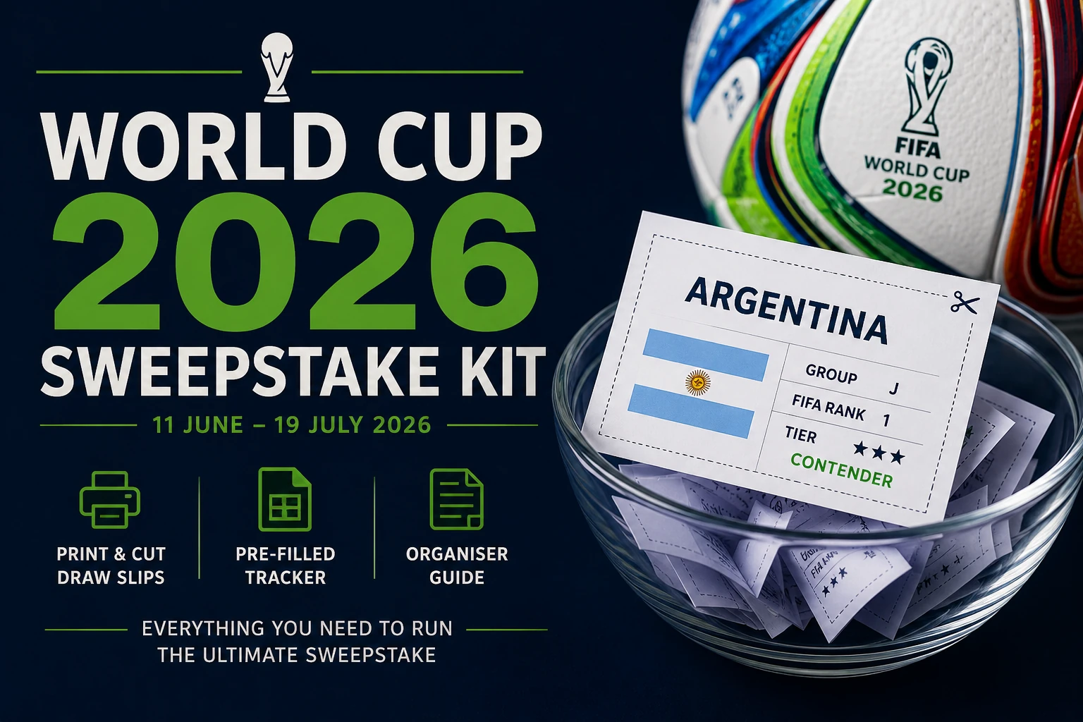 Dark navy graphic showing the words World Cup 2026 Sweepstake Kit with the tournament dates 11 June to 19 July 2026